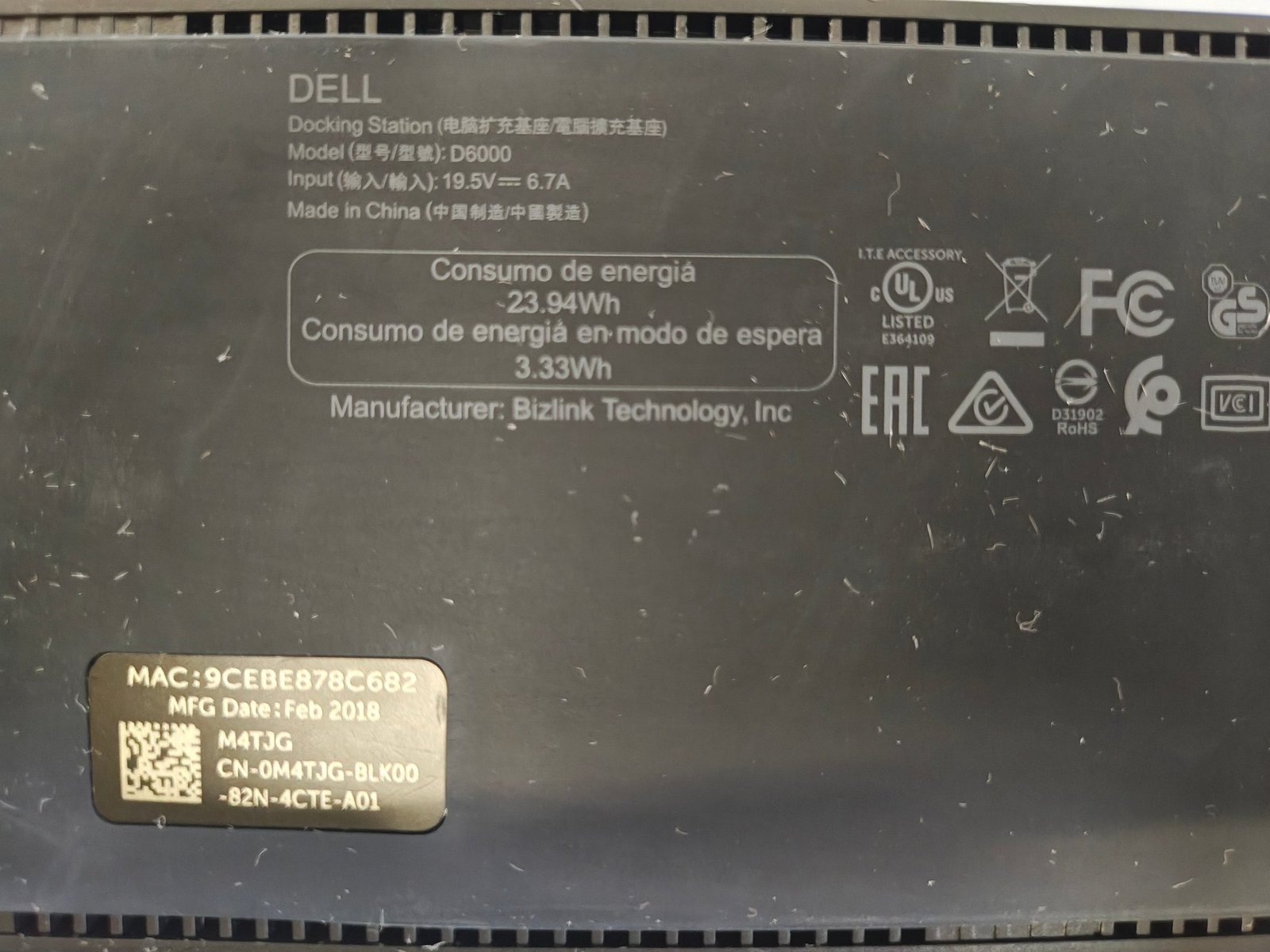 Dell D6000 USB-C Docking Station Triple Display w/ Power Adapter