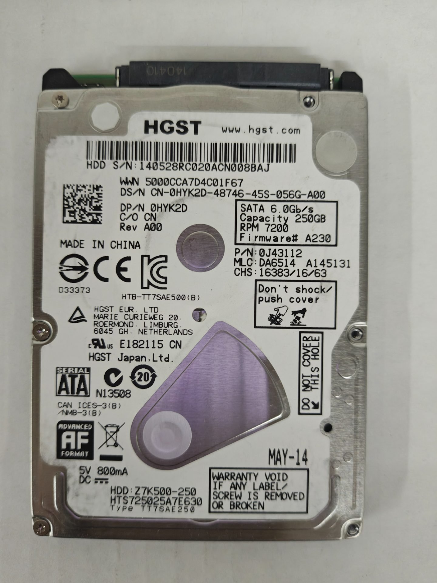 HGST Travelstar Z7K500 250GB 7200RPM 2.5" SATA 6Gb/s Laptop HDD